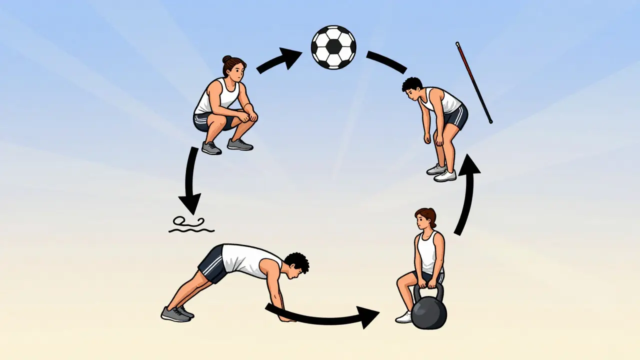 Круговая схема функциональных упражнений с иконками разных видов спорта, показывающая адаптацию тренировок под конкретный вид спорта.