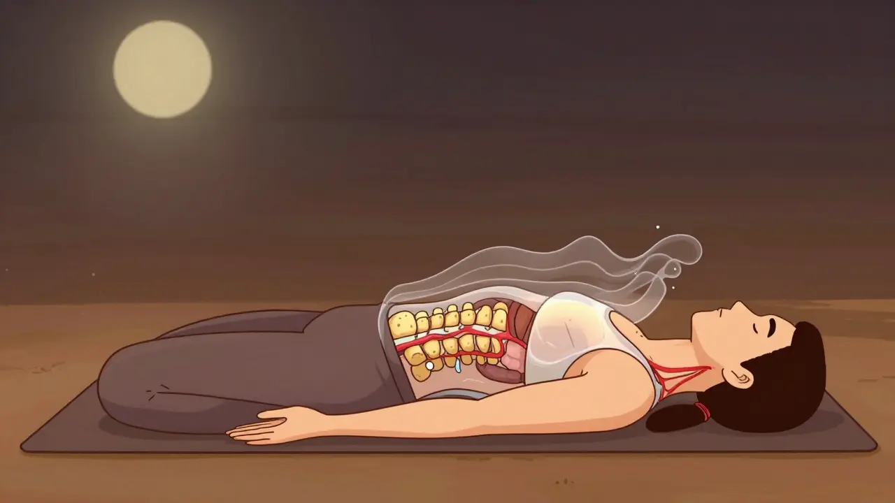 Лежащий человек в позе скручивания, колени опущены в сторону, спина на полу, визуализация внутренних органов и позвонков.