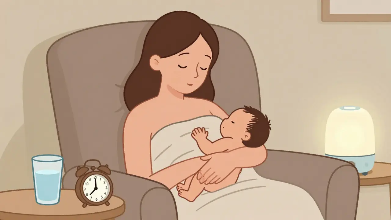 Мама держит новорожденного кожа к коже в кресле, тихий ночной момент кормления.