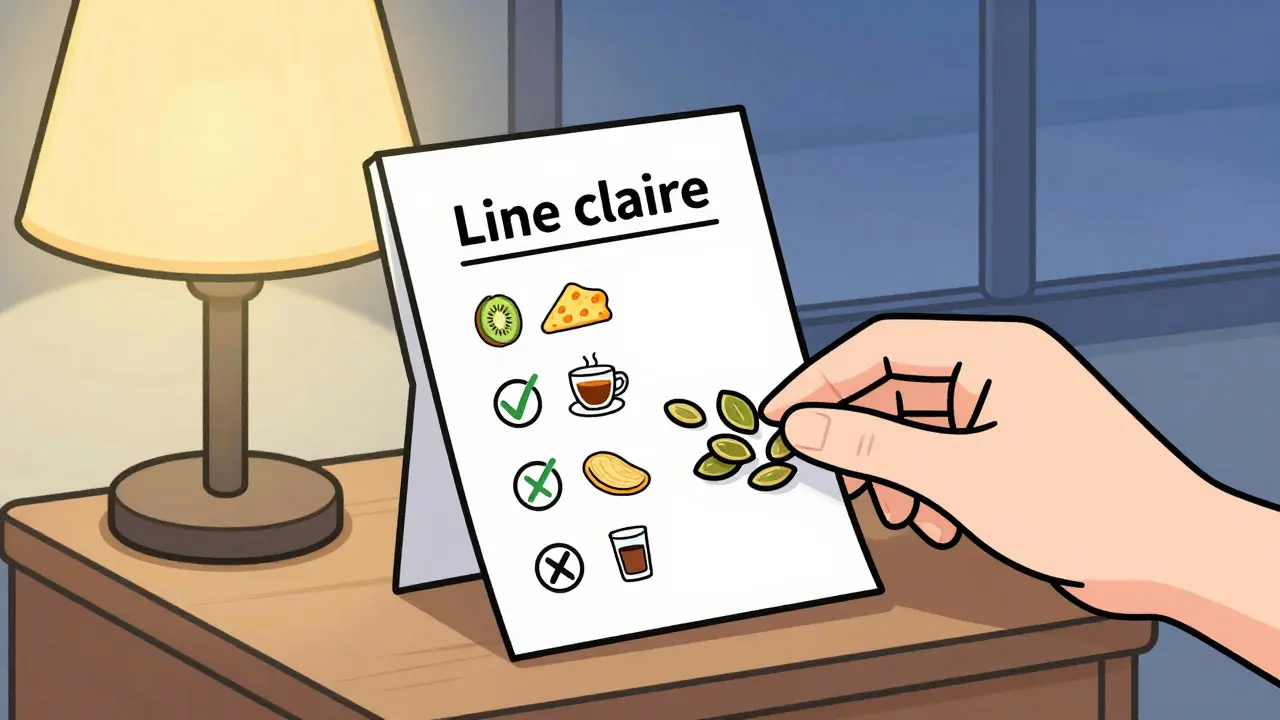 Ночной стол с чек-листом полезных и вредных продуктов перед сном, мягкий свет лампы и тыквенные семечки.