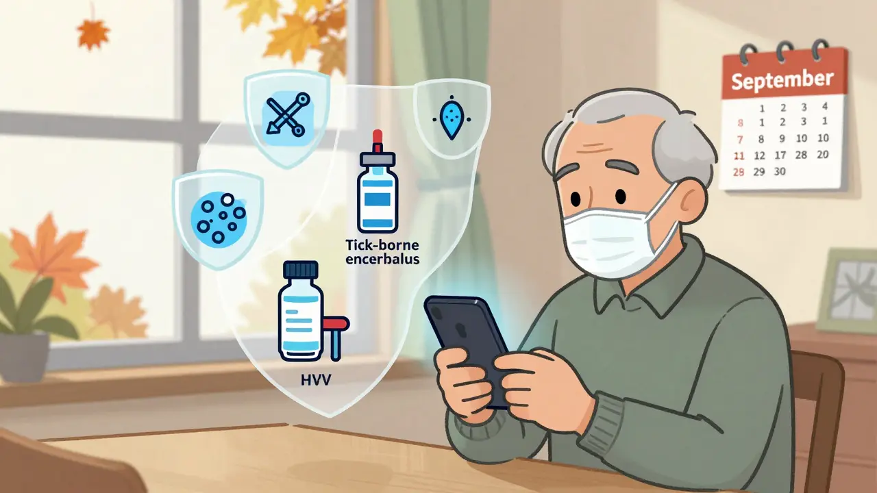 Пожилой мужчина смотрит на телефон, вокруг него летают иконки вакцин, за окном осень.