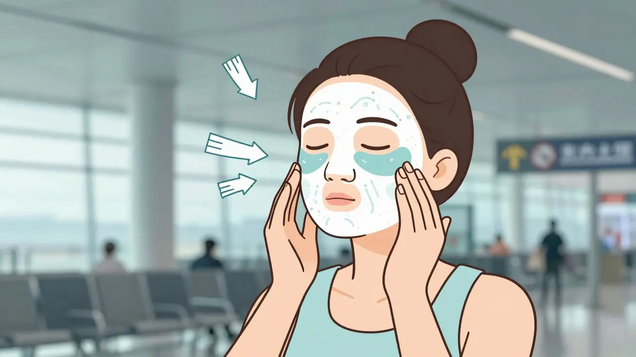 Путешественник после приземления делает массаж лица и использует патчи для глаз, стрелки показывают циркуляцию.