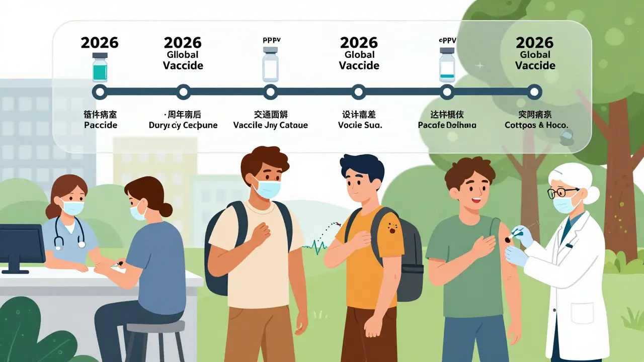 Разные взрослые получают прививки в городе и лесу, за ними — временная шкала обновлений вакцин 2026 года.