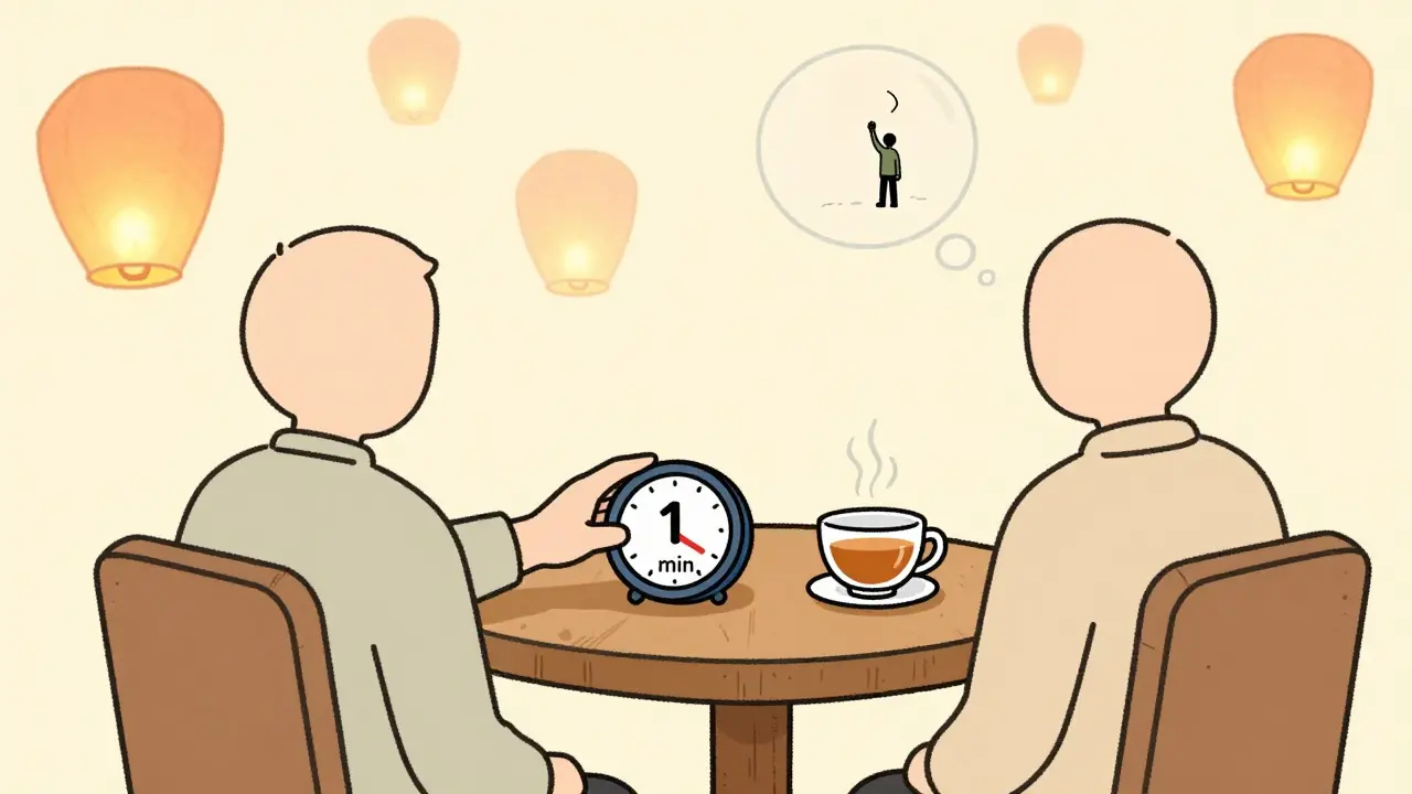 Рука ставит таймер на 1 минуту, человек сидит спокойно, мысли уходят, как фонарики.