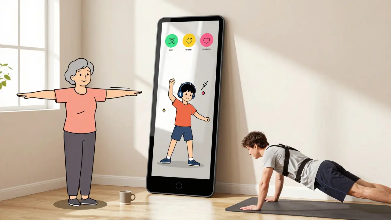 Семья тренируется вместе перед умным зеркалом — бабушка, подросток и родитель с персонализированными подсказками.