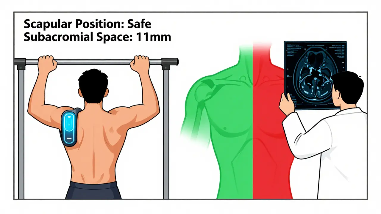 Спортсмен с датчиком на спине во время подтягивания, на экране показаны безопасные параметры плечевого сустава и сравнение с повреждённым.