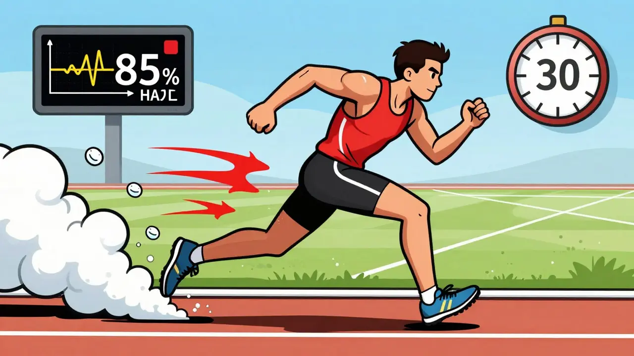 Спортсмен в спринте, пульс 85%, вокруг — облака молочной кислоты и исчезающий кислород.