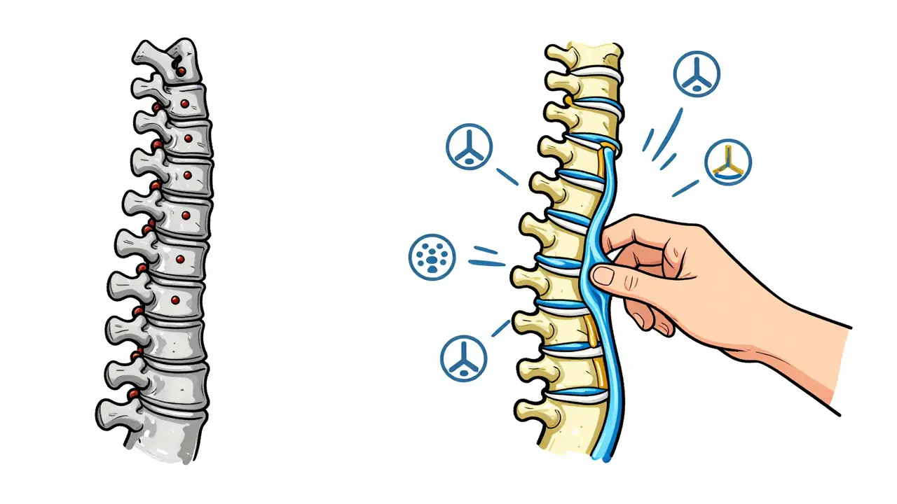 Сравнение: напряжённый позвоночник слева и здоровый — справа, с потоками крови и нервных импульсов, в стиле чистой линии.