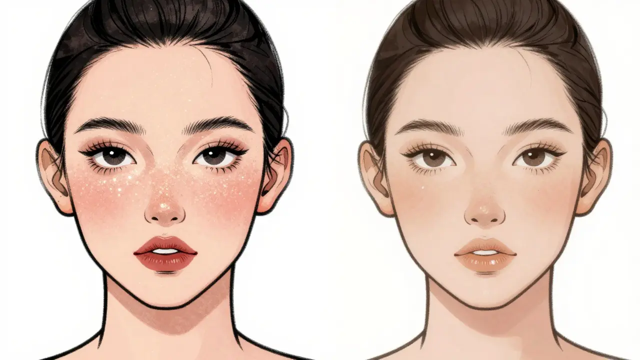 Сравнение: одна сторона лица перегружена макияжем, другая — с минимальным, естественным макияжем и легким блеском на губах.
