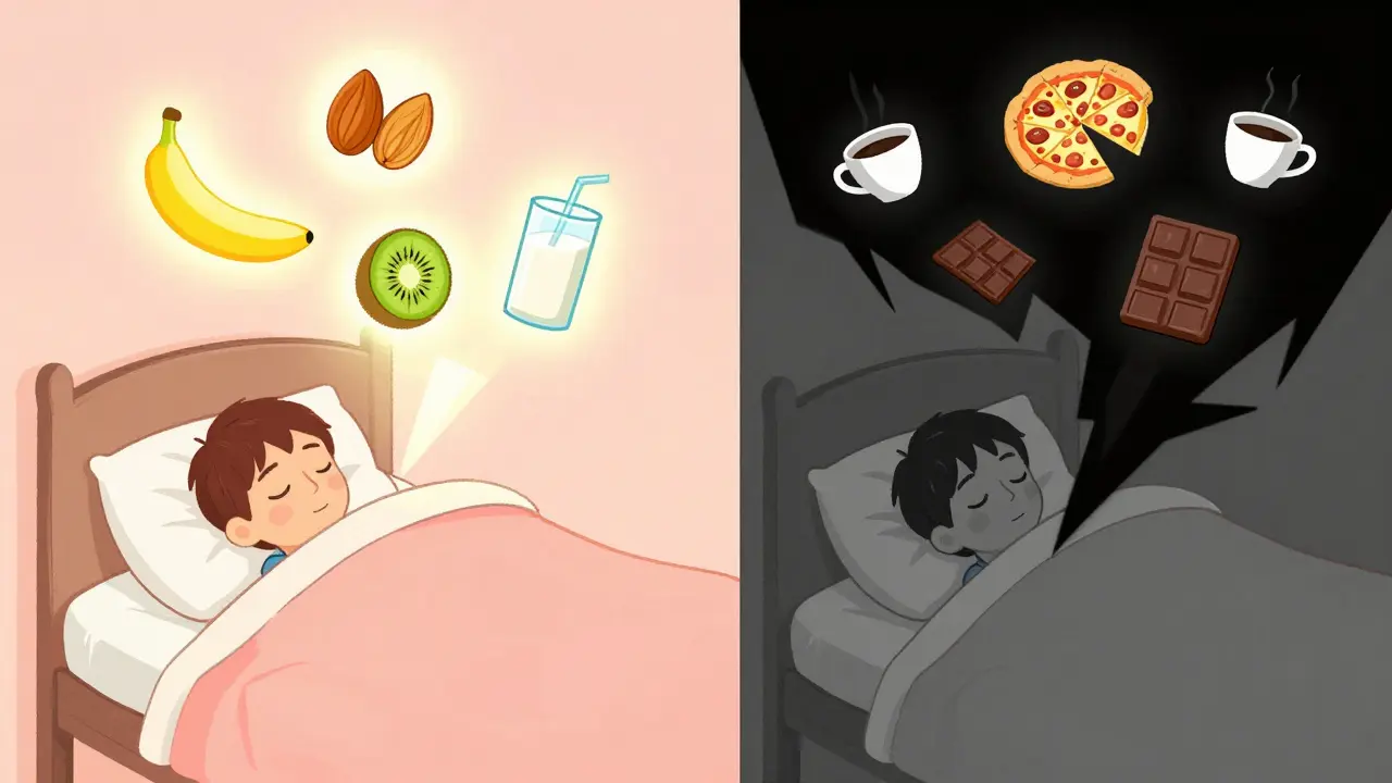 Сравнение спокойного сна с полезными продуктами и бессонницы с вредными — справа тёмные тени, слева тёплые иллюстрации еды.