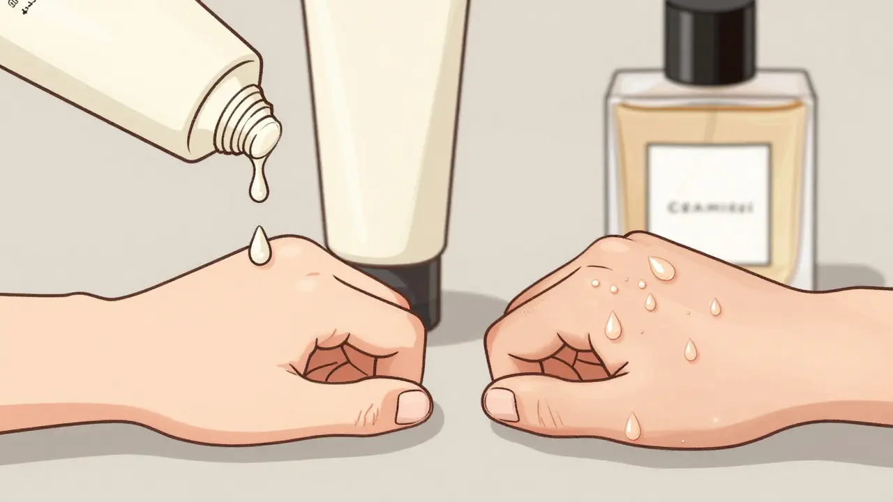 Сравнение сухой и увлажнённой кожи: капли духов остаются на одной и впитываются в другую.