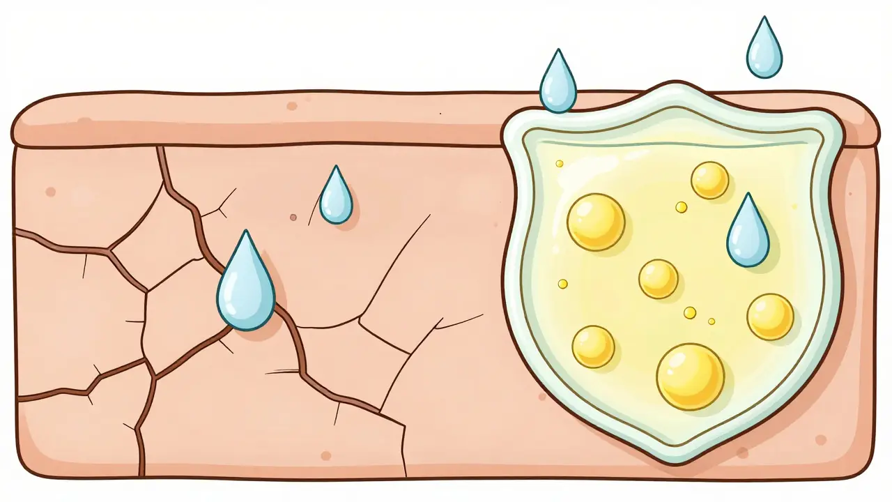 Сравнение сухой и увлажнённой кожи: слева — испаряющаяся влага, справа — проницаемый барьер из сквалана и масел.