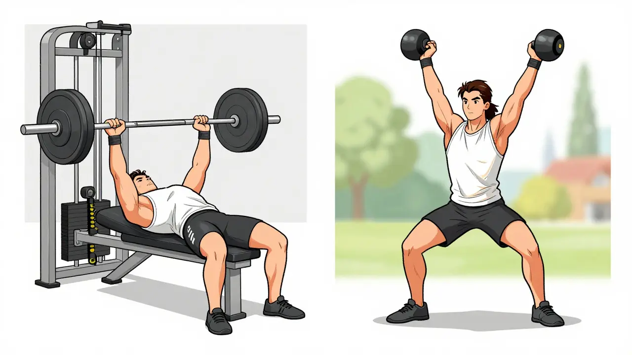 Сравнение традиционного жима лежа и функционального рывка гири, подчеркивающее различия в движении и вовлечении тела.