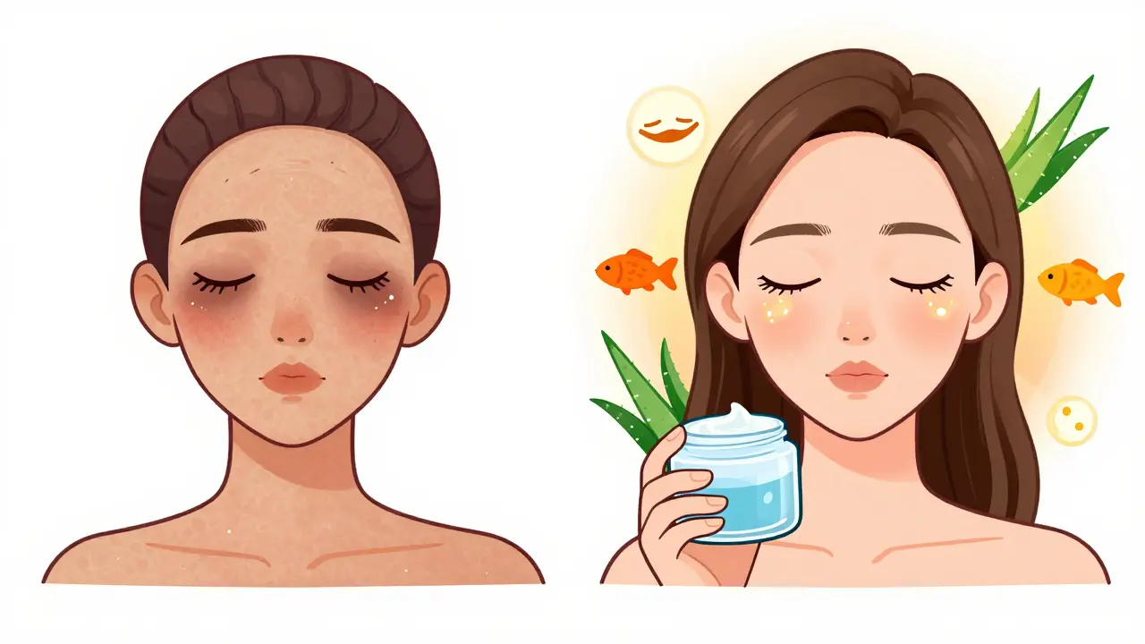 Сравнение: уставшая кожа вокруг глаз слева и восстановленная, сияющая кожа справа после ухода.