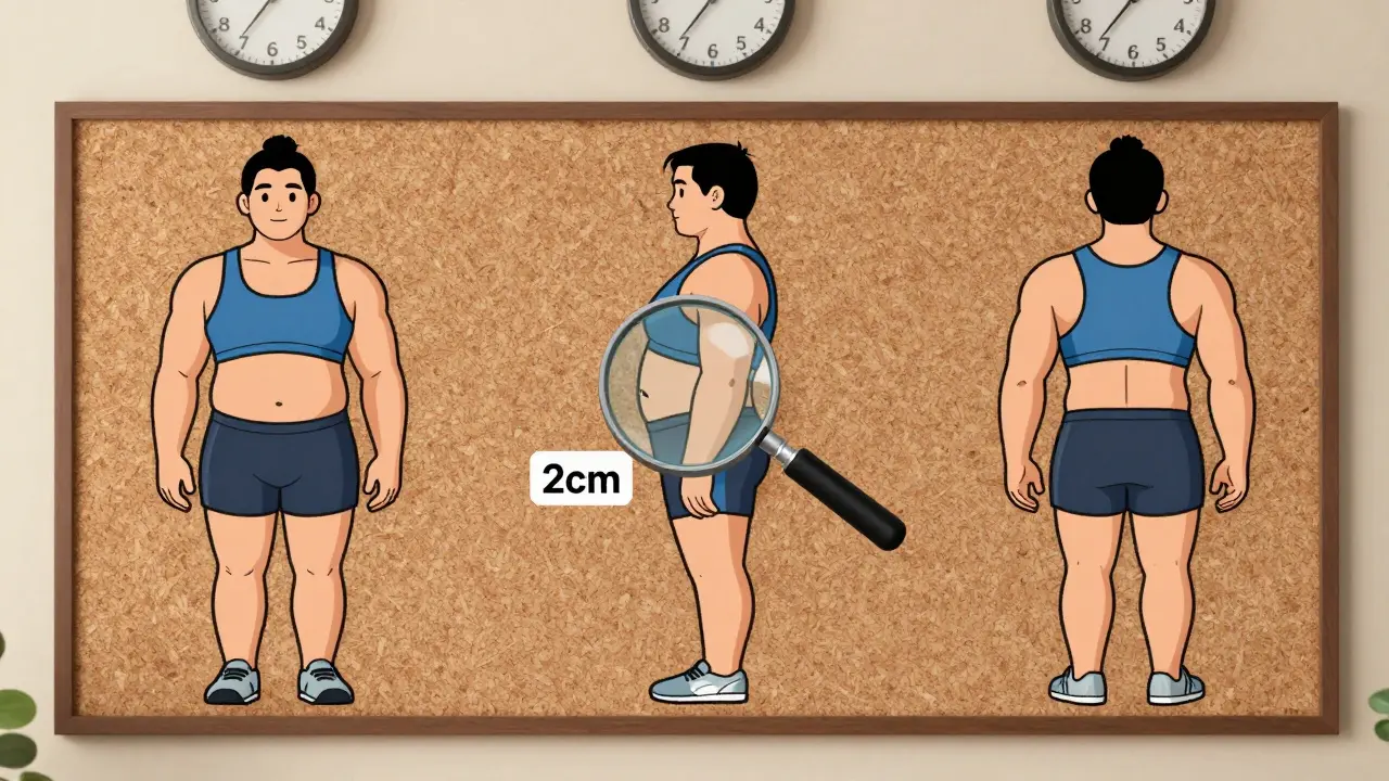 Три фотографии тела на доске показывают прогресс по талии и мышцам.