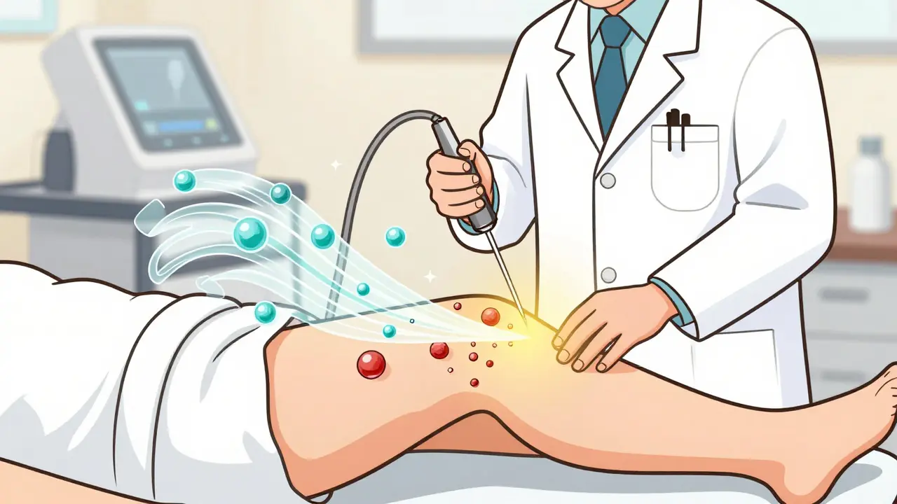 Врач вводит углекислый газ в бедро для борьбы с целлюлитом, жировые клетки разрушаются, потоки кислорода.