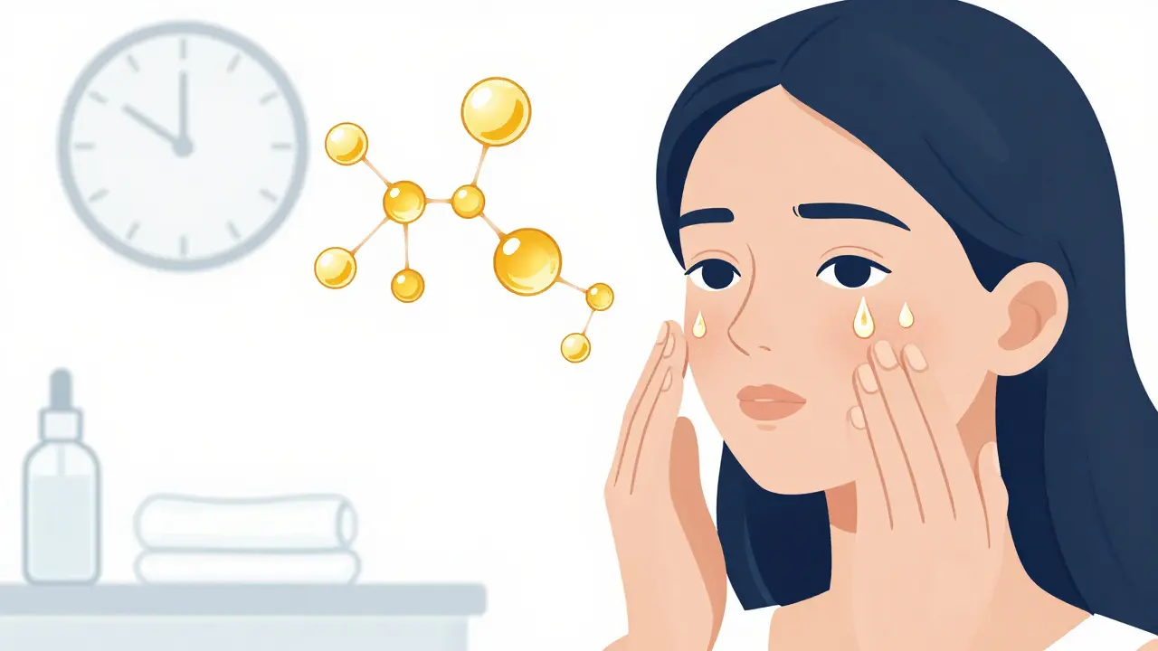 Женщина наносит сыворотку с скваланом на влажную кожу, над головой — молекулярная схема их взаимодействия.