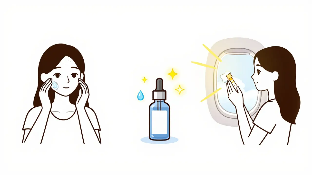 Женщина наносит увлажняющий крем и солнцезащитный крем перед полетом, лучи УФ проникают через окно.