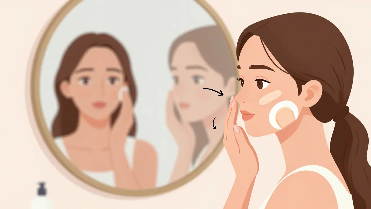 Женщина наносит увлажнитель и тонкий слой тонального крема с помощью влажного спонжа, свет падает с окна.