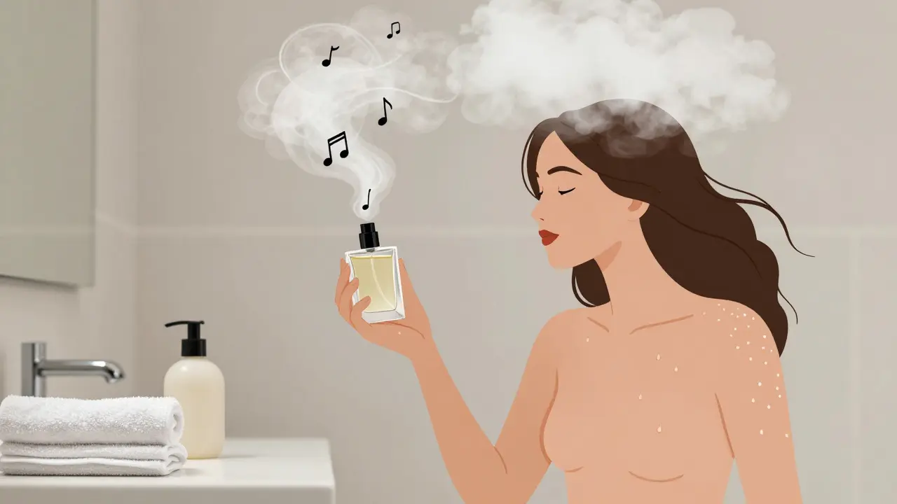 Женщина проходит через облако парфюма, распыленного над головой, ароматные вихри плавно поднимаются вокруг неё.