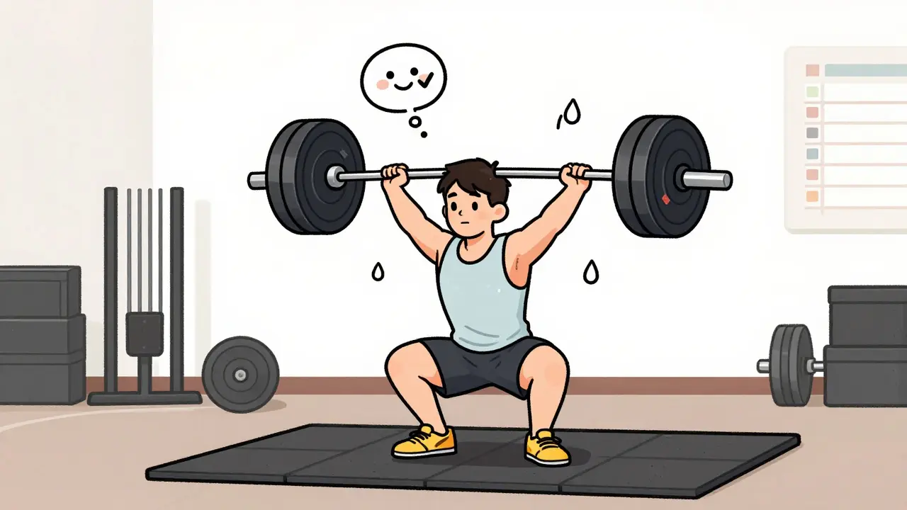 Атлет в движении с бамперными блинами на штанге, выполняет силовое упражнение на резиновом покрытии.