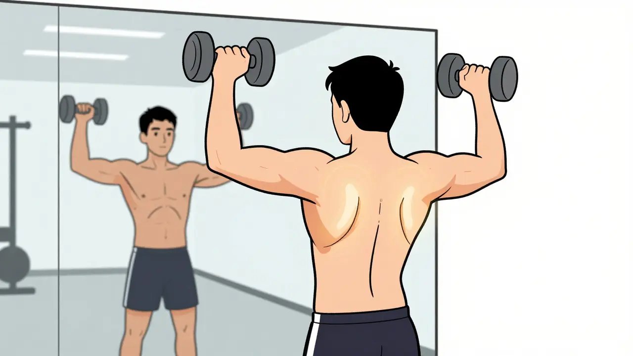 Человек делает латеральные разведения, средние дельты активно работают, спина прямая.