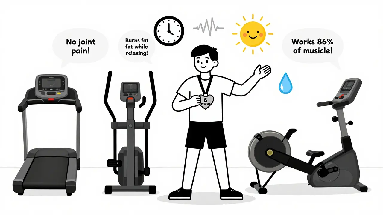 Человек держит медаль '6 недель' перед кардиотренажерами, символизируя улучшение здоровья.