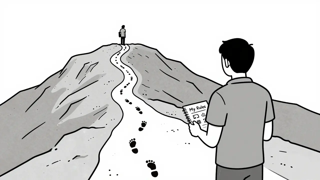 Человек на вершине пути, за ним следы наставника, который уже прошел этот путь.