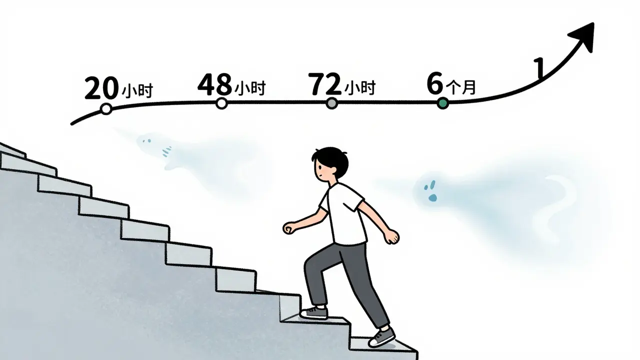 Человек поднимается по лестнице без одышки, за ним исчезают следы дыма, над головой — временная лента восстановления.
