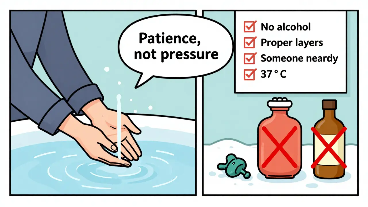 Человек согревает руки теплой водой, вокруг — запрещенные методы: снег, грелка, алкоголь, все зачеркнуто красными линиями.