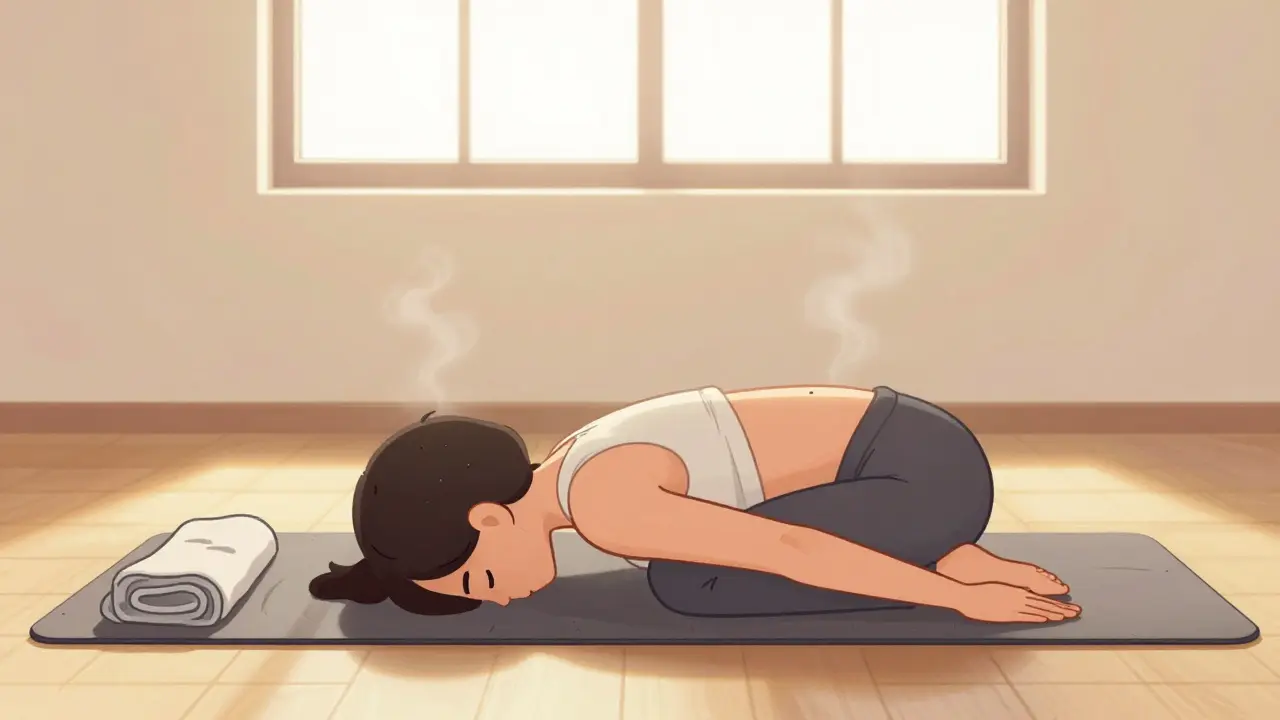 Человек в позе ребенка после занятия йогой, плечи расслаблены, рядом лежат ремешок и полотенце.