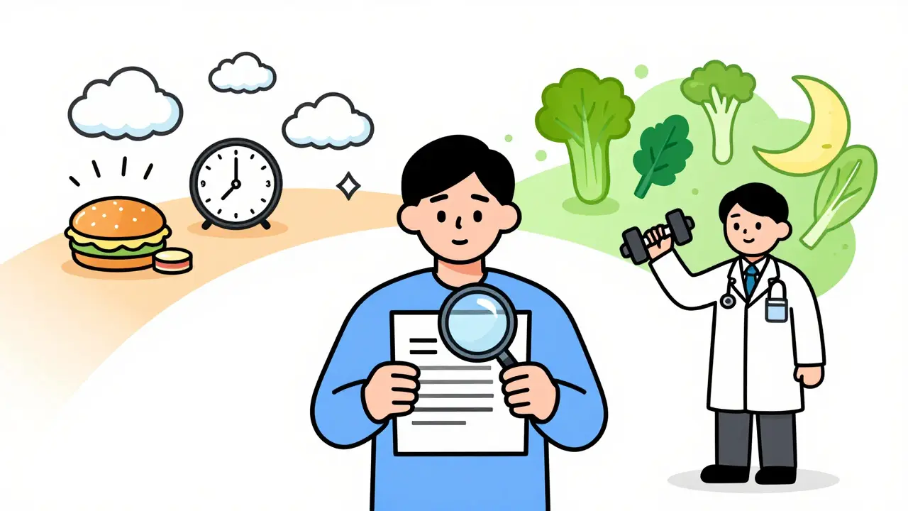 Человек выбирает между вредными привычками и здоровым образом жизни, глядя на результаты генетического теста.