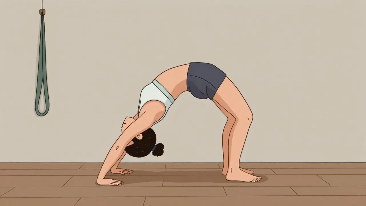 Человек выполняет позу у стены, плечи и лопатки тянутся назад, тело параллельно полу.