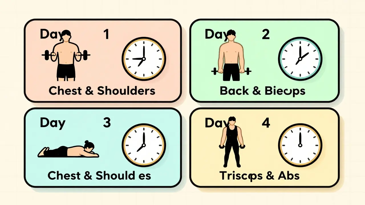 Четырёхдневная сплит-программа в виде яркой настенной схемы с упражнениями и отдыхом.