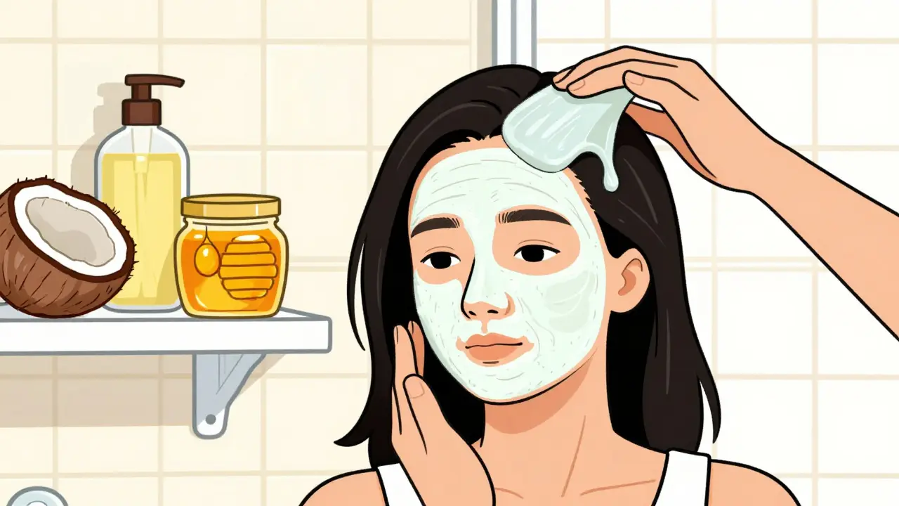 Девушка накладывает маску для увлажнения волос дома