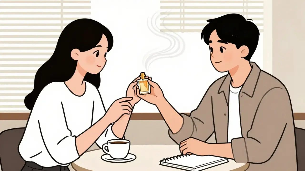 Два человека в кафе, один едва касается запястья, между ними едва заметные следы ароматов, тихая, искренняя связь.