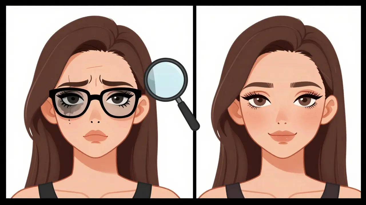 Два образа: слева — размытый макияж под очками, справа — идеальный, с акцентом на расстоянии между бровями и оправой.