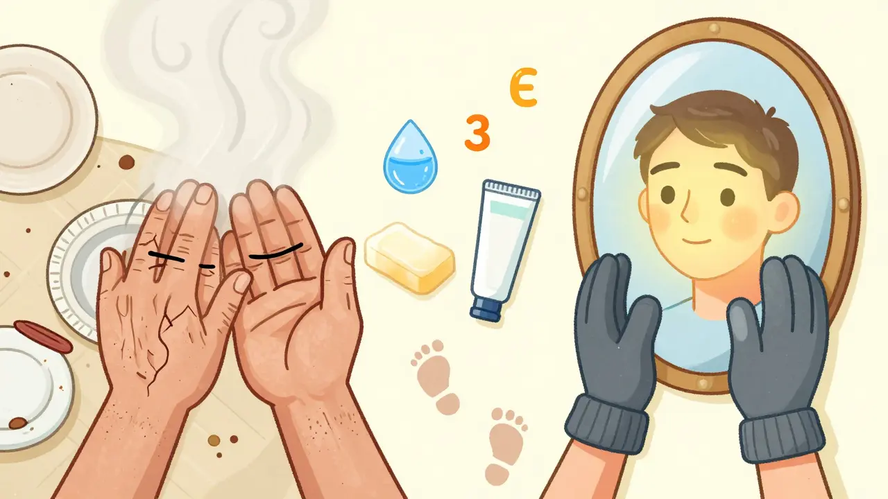 Два варианта рук: старые и повреждённые слева, молодые и здоровые справа, между ними путь к уходу.