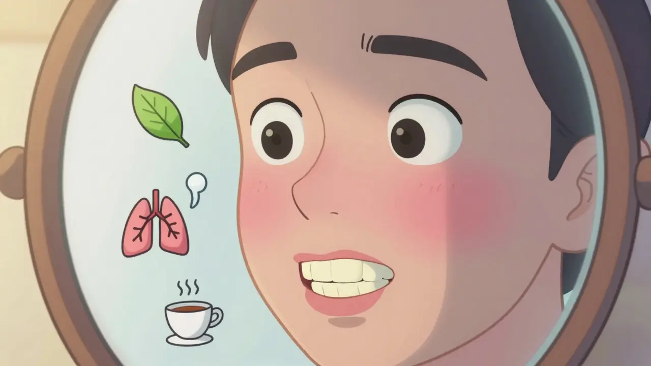 Лицо человека в зеркале: кожа светлеет, зубы теряют желтизну, вокруг — символы возвращения обоняния и дыхания.