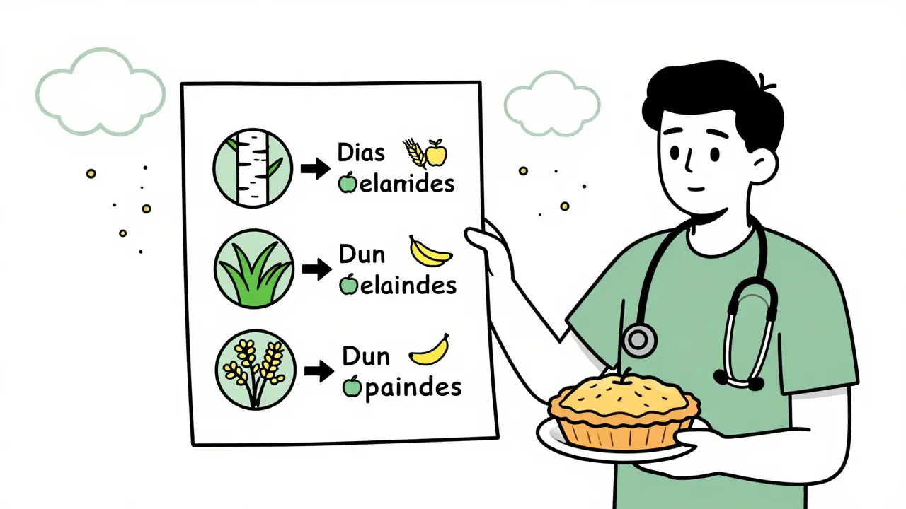 Медицинская схема показывает связь между пыльцой берёзы, злаков и полыни с продуктами, которые их вызывают.