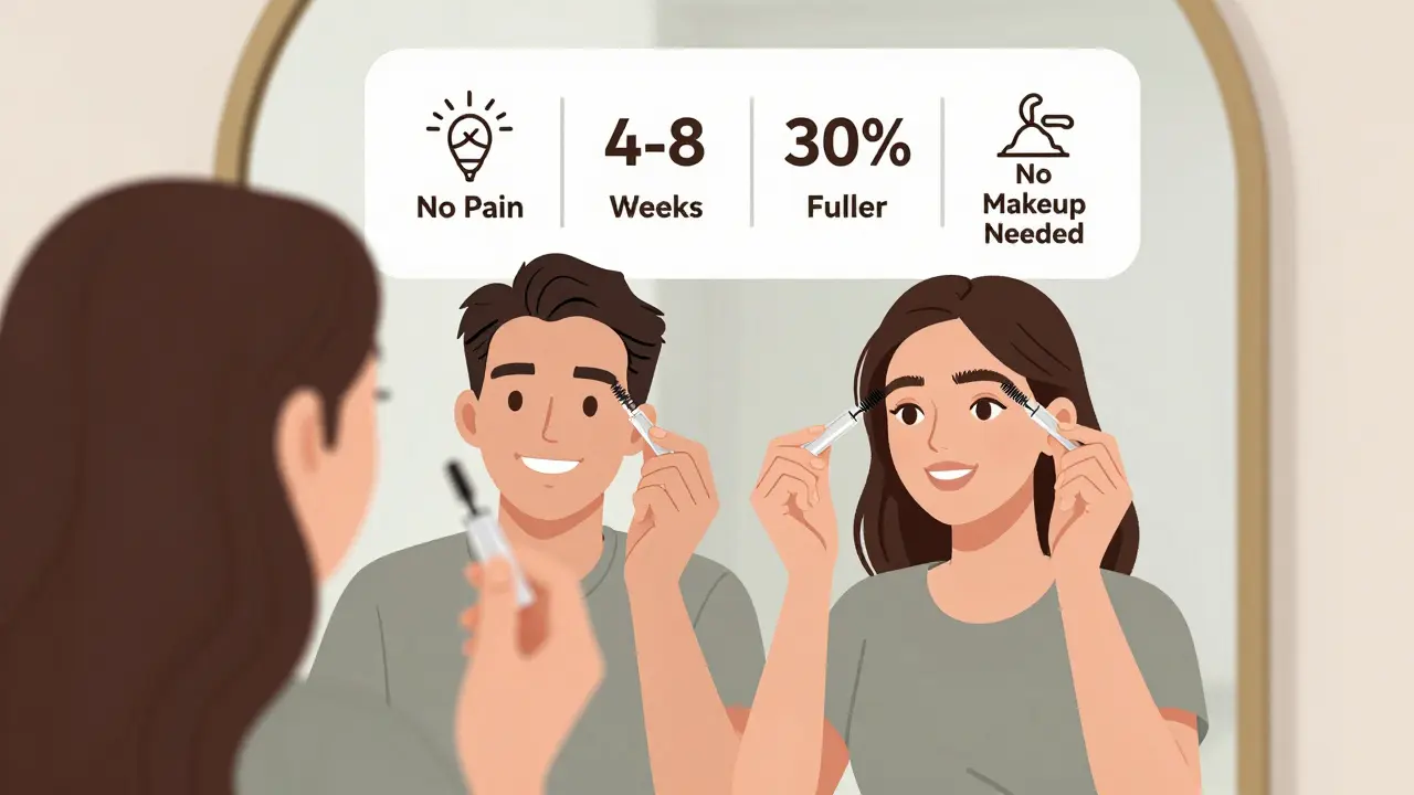 Мужчина и женщина смотрят в зеркало с идеальными бровями после процедуры, рядом — значки преимуществ.