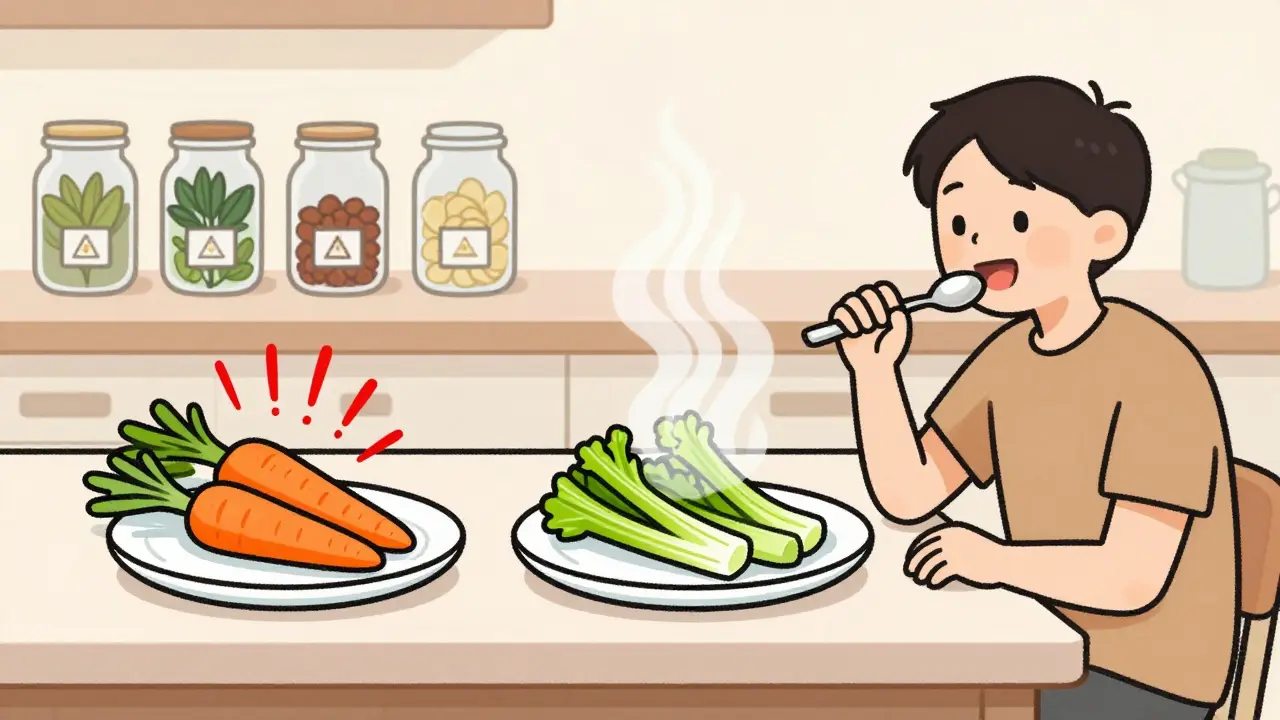 На столе два блюда: сырые овощи с признаками зуда и варёные овощи без реакции — человек ест спокойно.