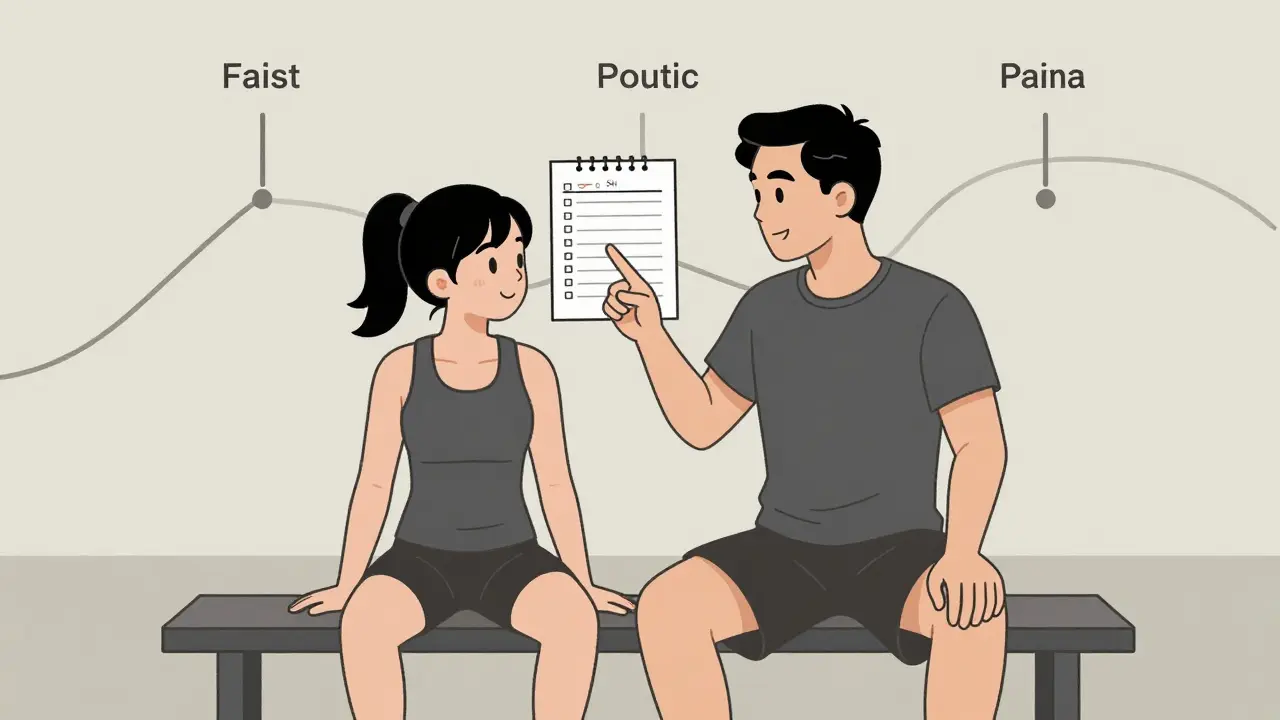 Наставник и ученик обсуждают прогресс на скамейке после тренировки.