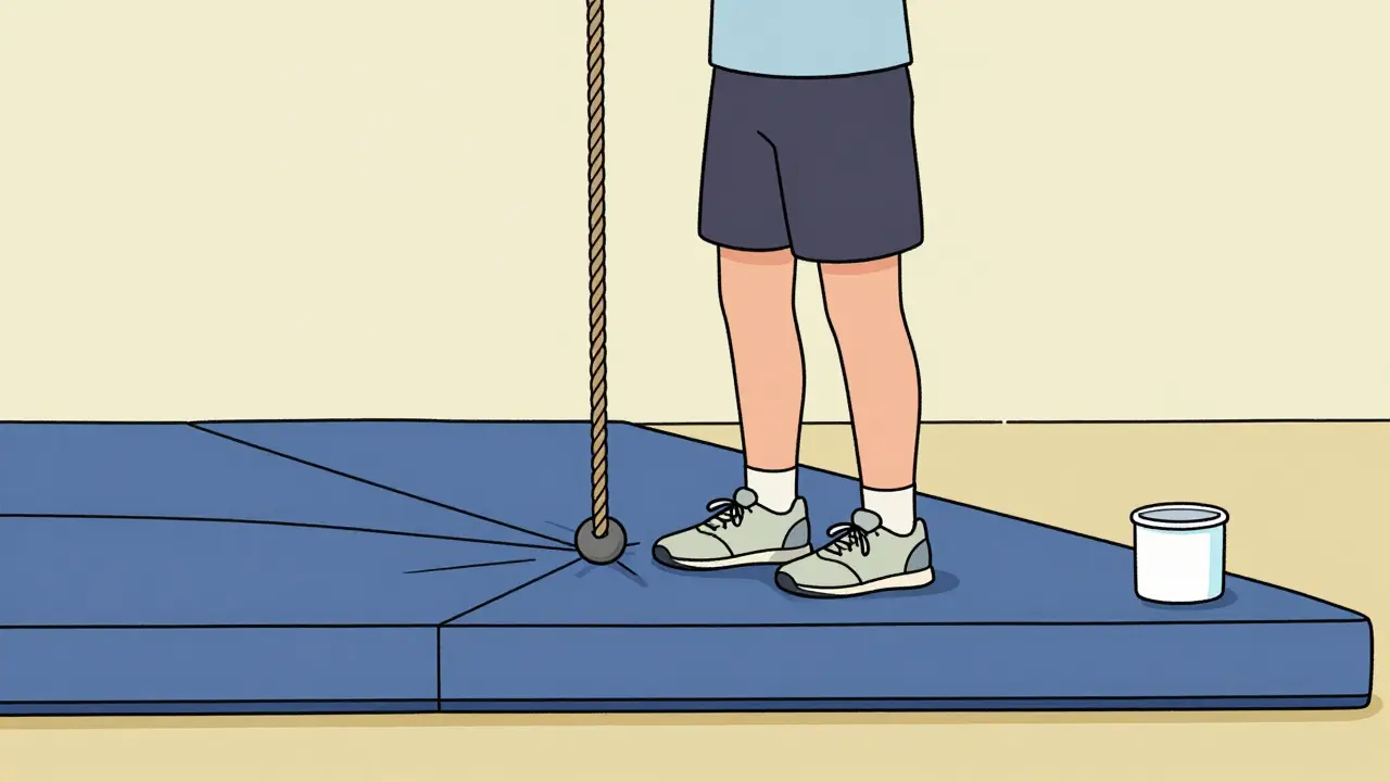 Новичок тренирует хват на низкой высоте с магнезией.