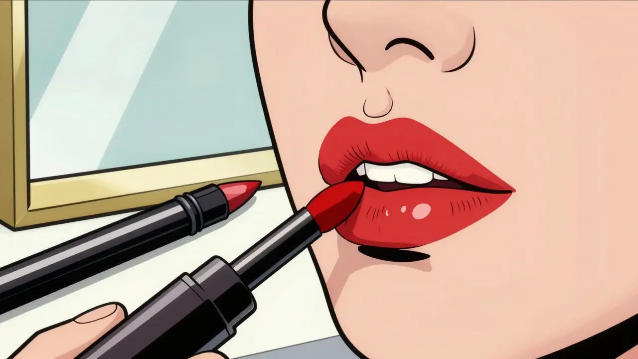 Процесс нанесения жидкой помады аппликатором на губы.