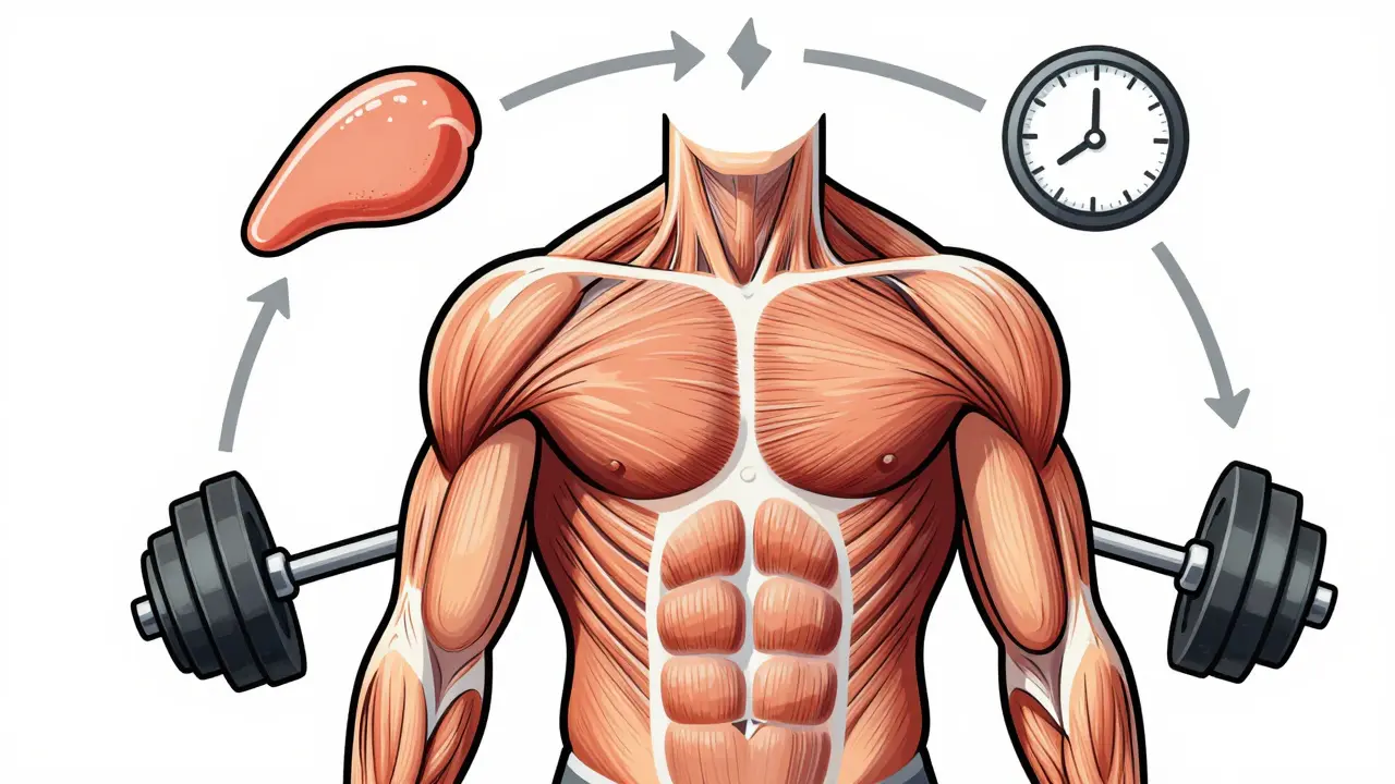 Прозрачное тело с растущими мышечными волокнами, вокруг — еда, сон и вес, символизирующие ключевые факторы гипертрофии.