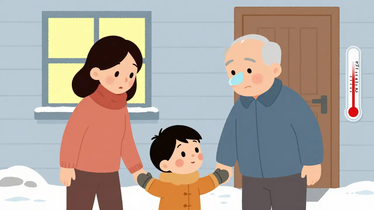 Семья возвращается с прогулки: ребенок в тепле, дедушка с поблекшими ушами, рядом термометр показывает безопасную температуру.