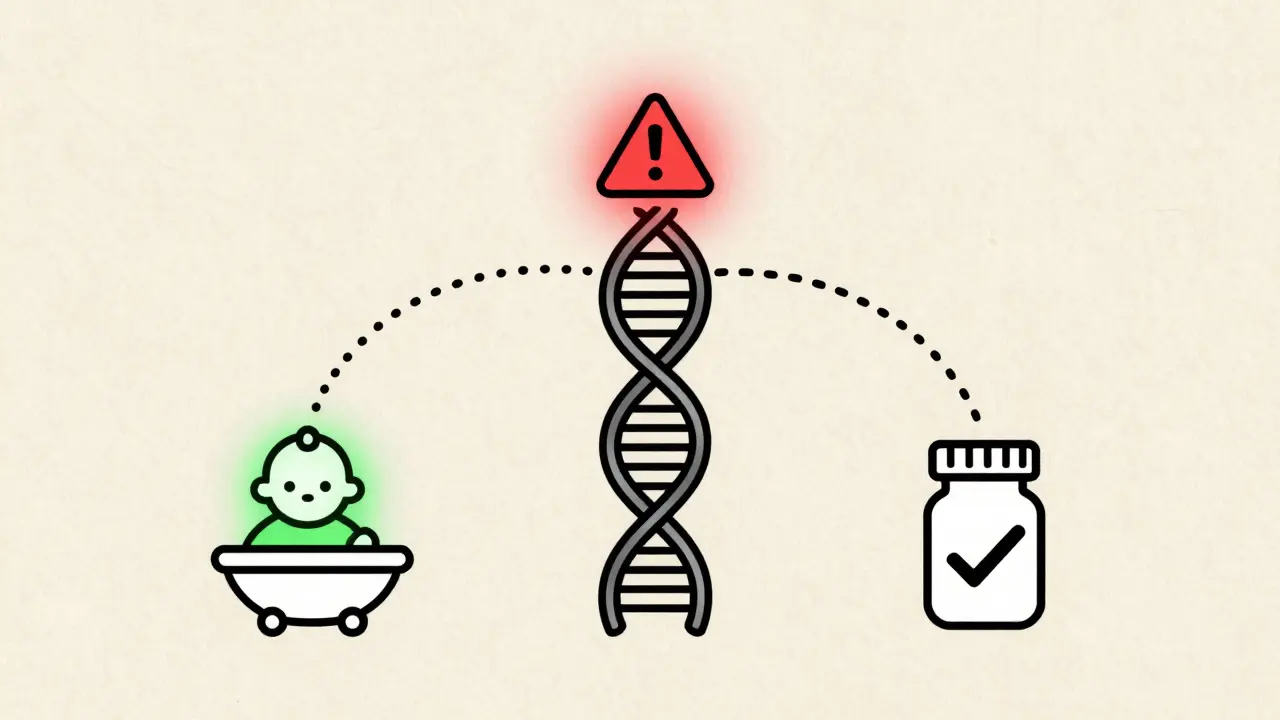 Семейное древо, связанное с ДНК-геликсом: одна ветвь — риск болезни, другая — беременность, третья — эффективное лечение.
