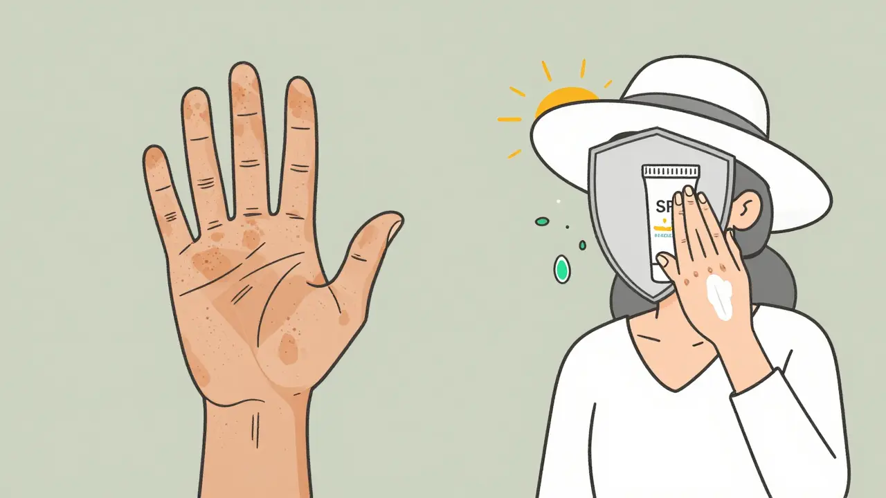 Сравнение повреждённой и защищённой кожи рук под воздействием солнечных лучей.