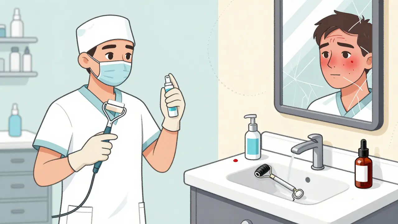 Сравнение: профессиональная процедура в клинике и опасное использование мезороллера дома в ванной.